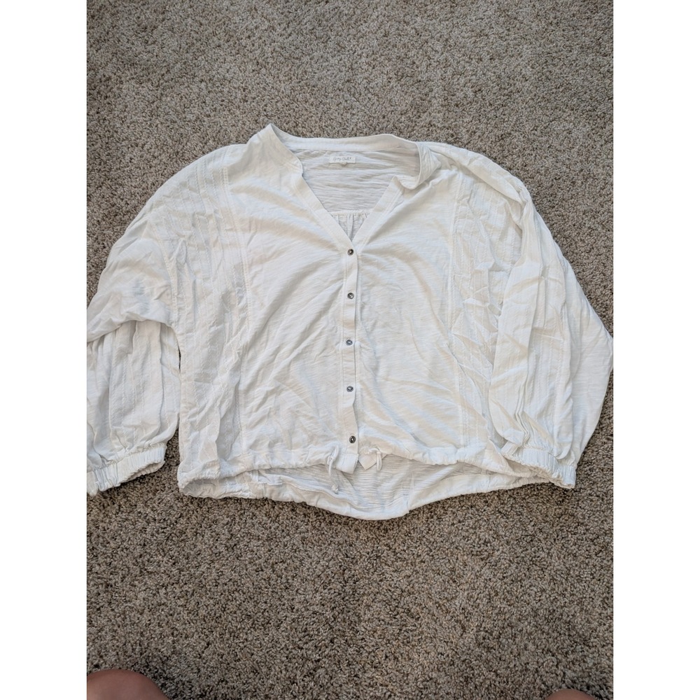 Grey State White Cotton Blend Pintuck Sleeve Drawstring Button Down Blouse M